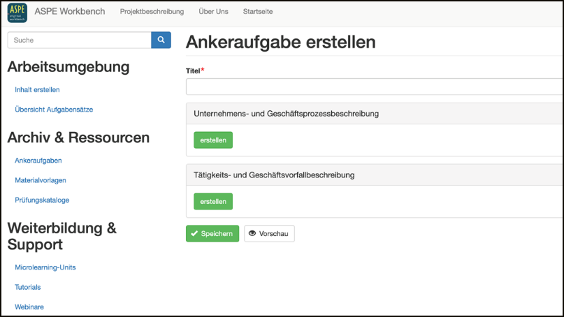 Bildschirmausschnitt: Ankeraufgaben-Erstellung über die Workbench